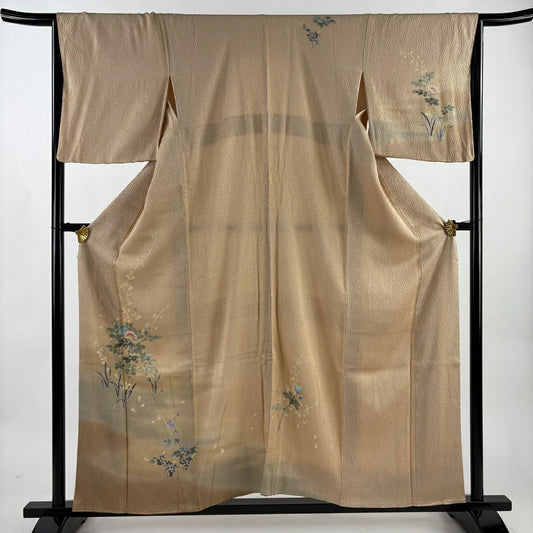 【美品】 付下 身長158cm 袖長65cm M 雙層 草花紋紋 霞 漸層 淺茶 純蠶絲 優品級