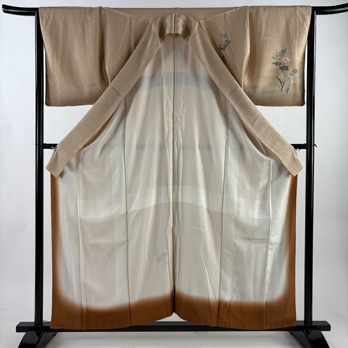 【美品】 付下 身長158cm 袖長65cm M 雙層 草花紋紋 霞 漸層 淺茶 純蠶絲 優品級