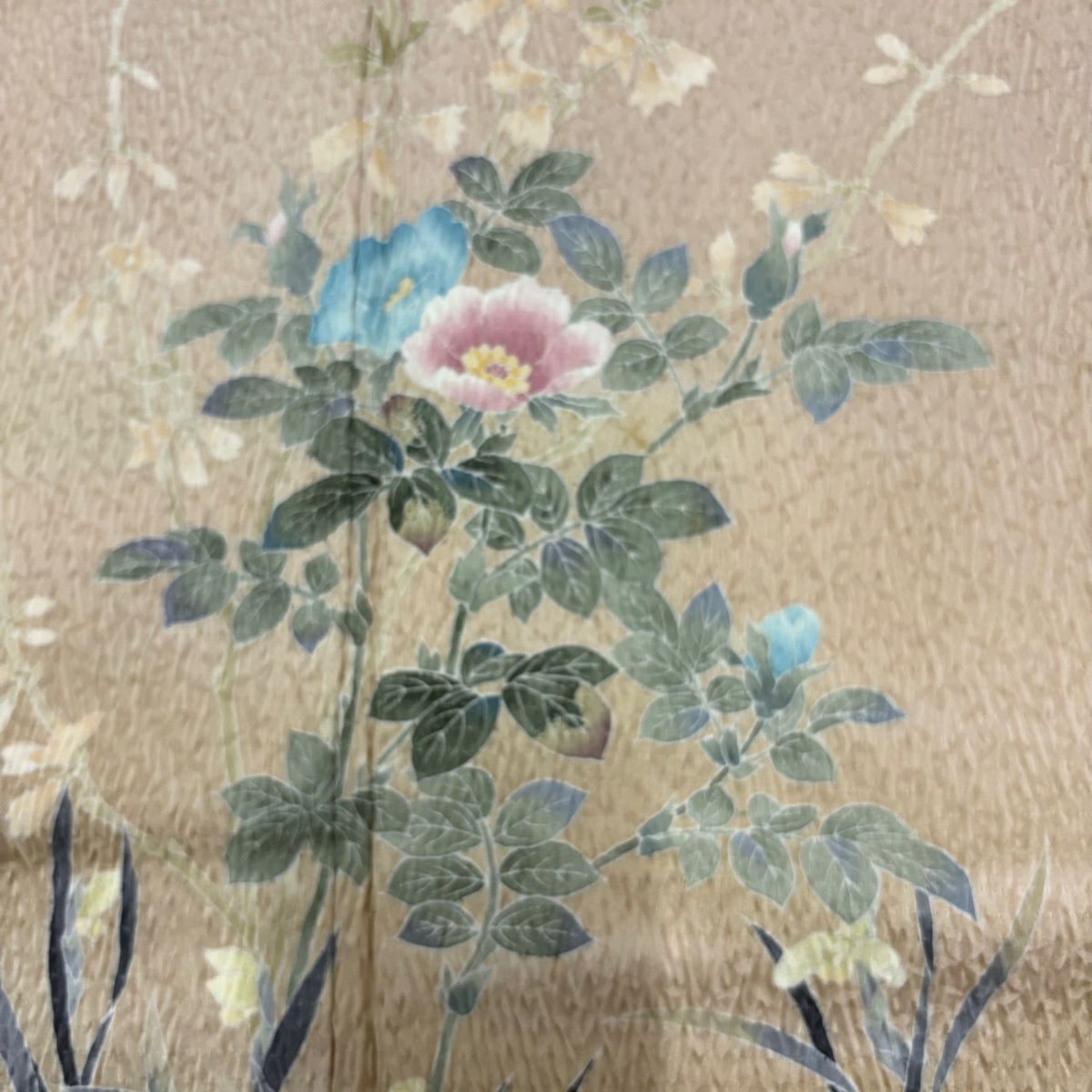 【美品】 付下 身長158cm 袖長65cm M 雙層 草花紋紋 霞 漸層 淺茶 純蠶絲 優品級
