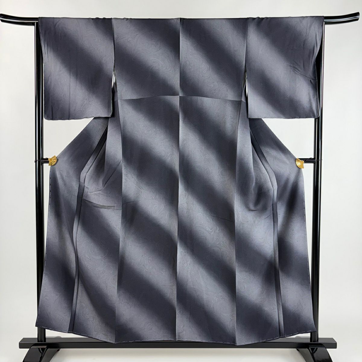 【美品】 小紋 身長157cm 袖長65.5cm M 雙層 大和 墨流し 斜暈染 墨色 純蠶絲 秀品級