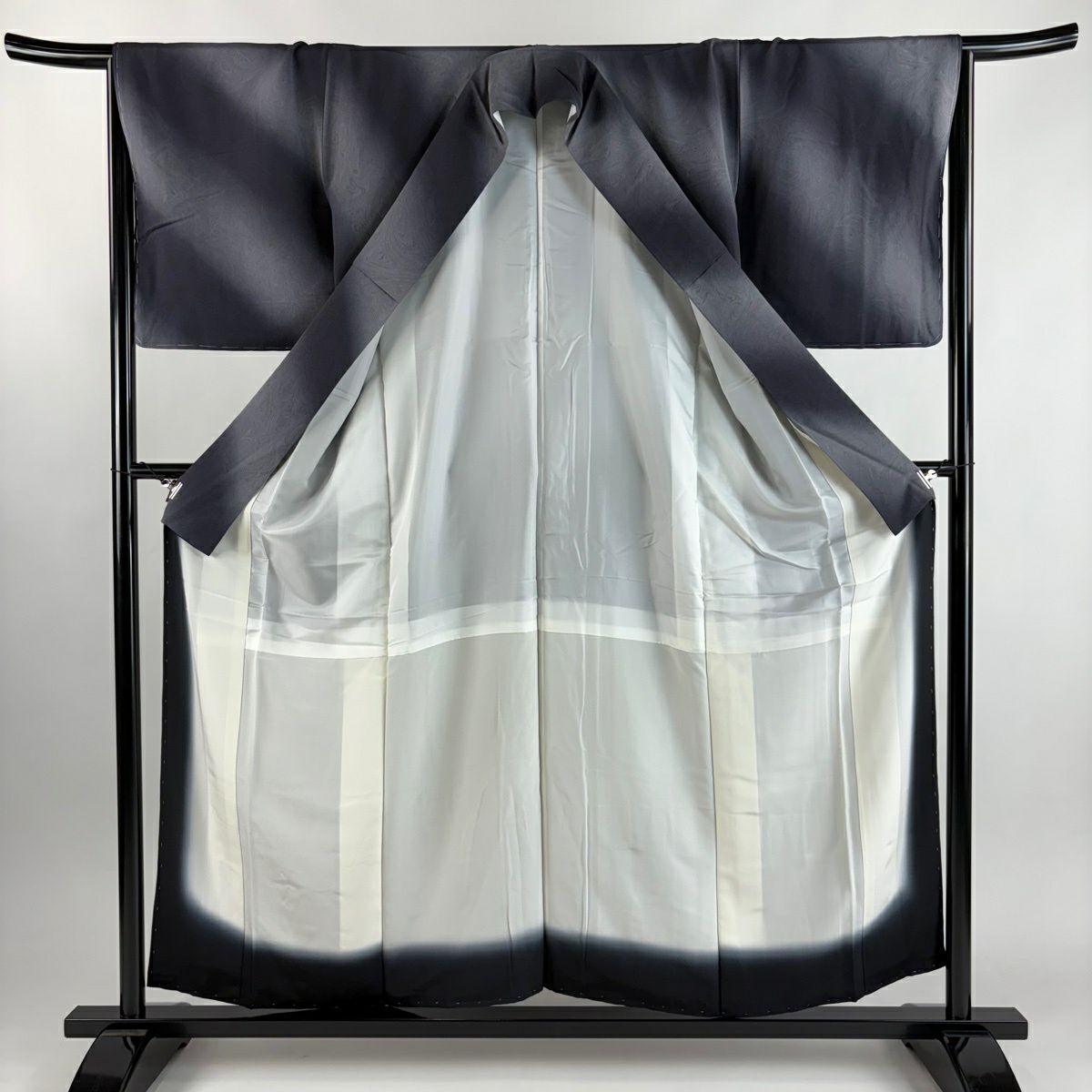 【美品】 小紋 身長157cm 袖長65.5cm M 雙層 大和 墨流し 斜暈染 墨色 純蠶絲 秀品級
