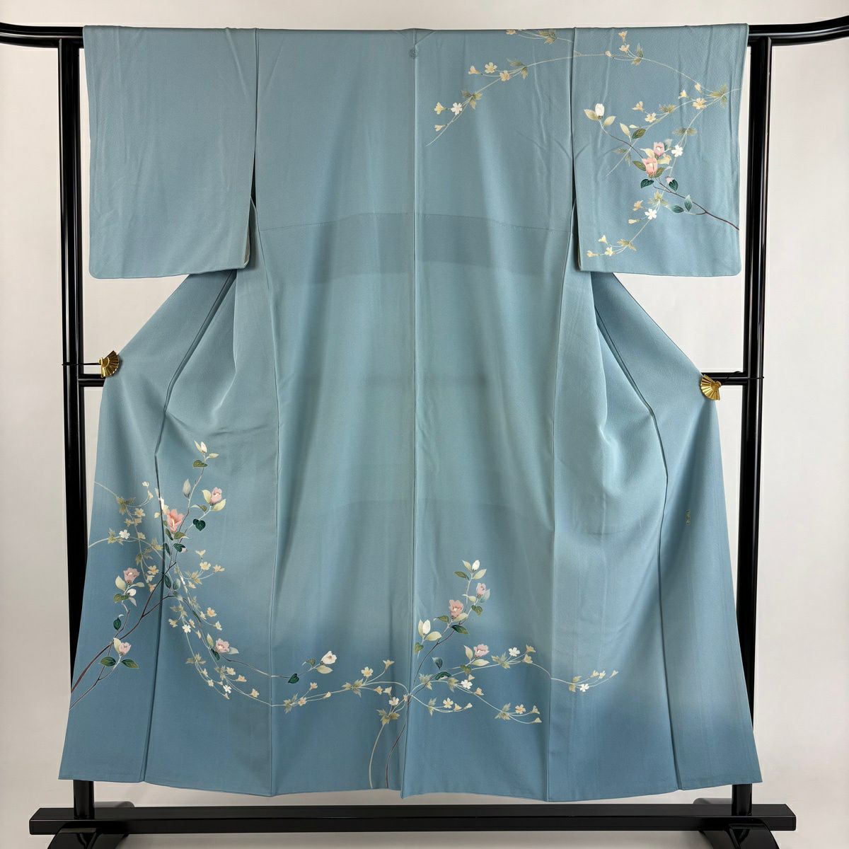 訪問服 身長152cm 袖長62cm S 雙層 落款有 枝花 漸層 水藍 純蠶絲 優品級 一個紋