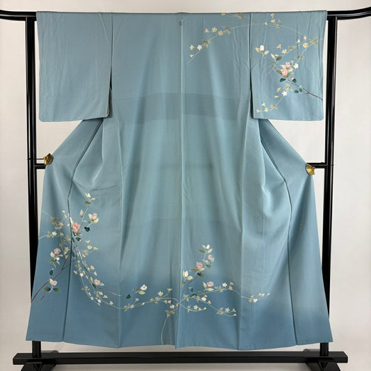 訪問服 身長152cm 袖長62cm S 雙層 落款有 枝花 漸層 水藍 純蠶絲 優品級 一個紋