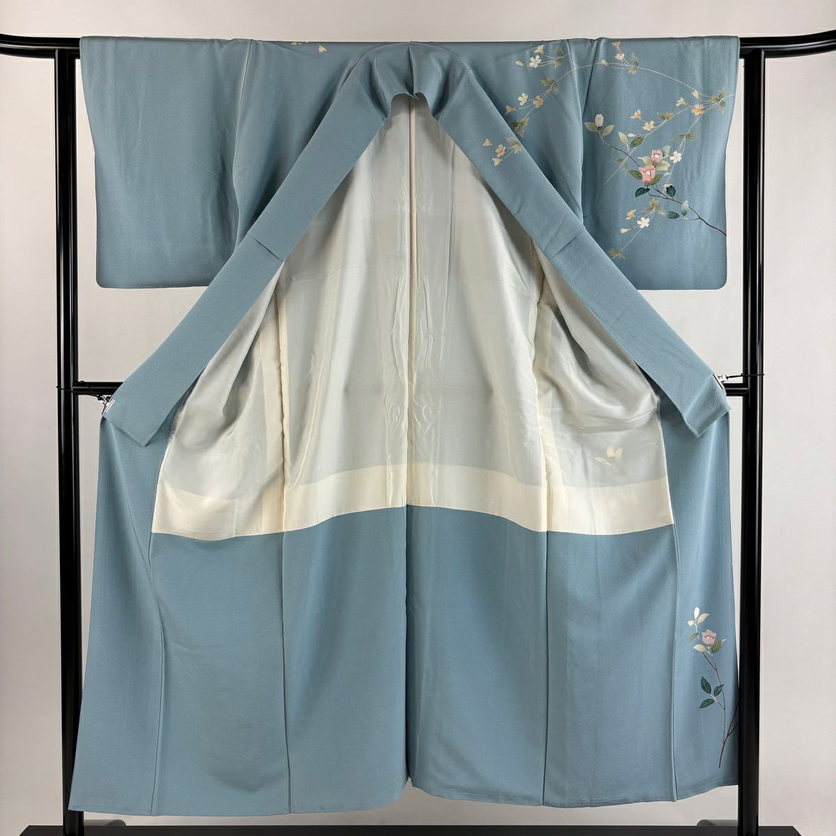 訪問服 身長152cm 袖長62cm S 雙層 落款有 枝花 漸層 水藍 純蠶絲 優品級 一個紋