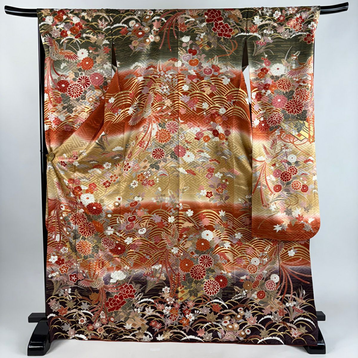 振袖禮服 身長172.5cm 袖長68.5cm L 雙層 花鳥 波 金絲 金銀彩 橙色 純蠶絲 優品級