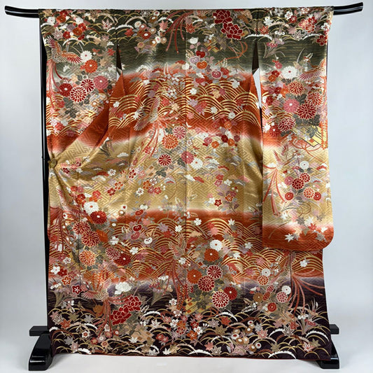 振袖禮服 身長172.5cm 袖長68.5cm L 雙層 花鳥 波 金絲 金銀彩 橙色 純蠶絲 優品級