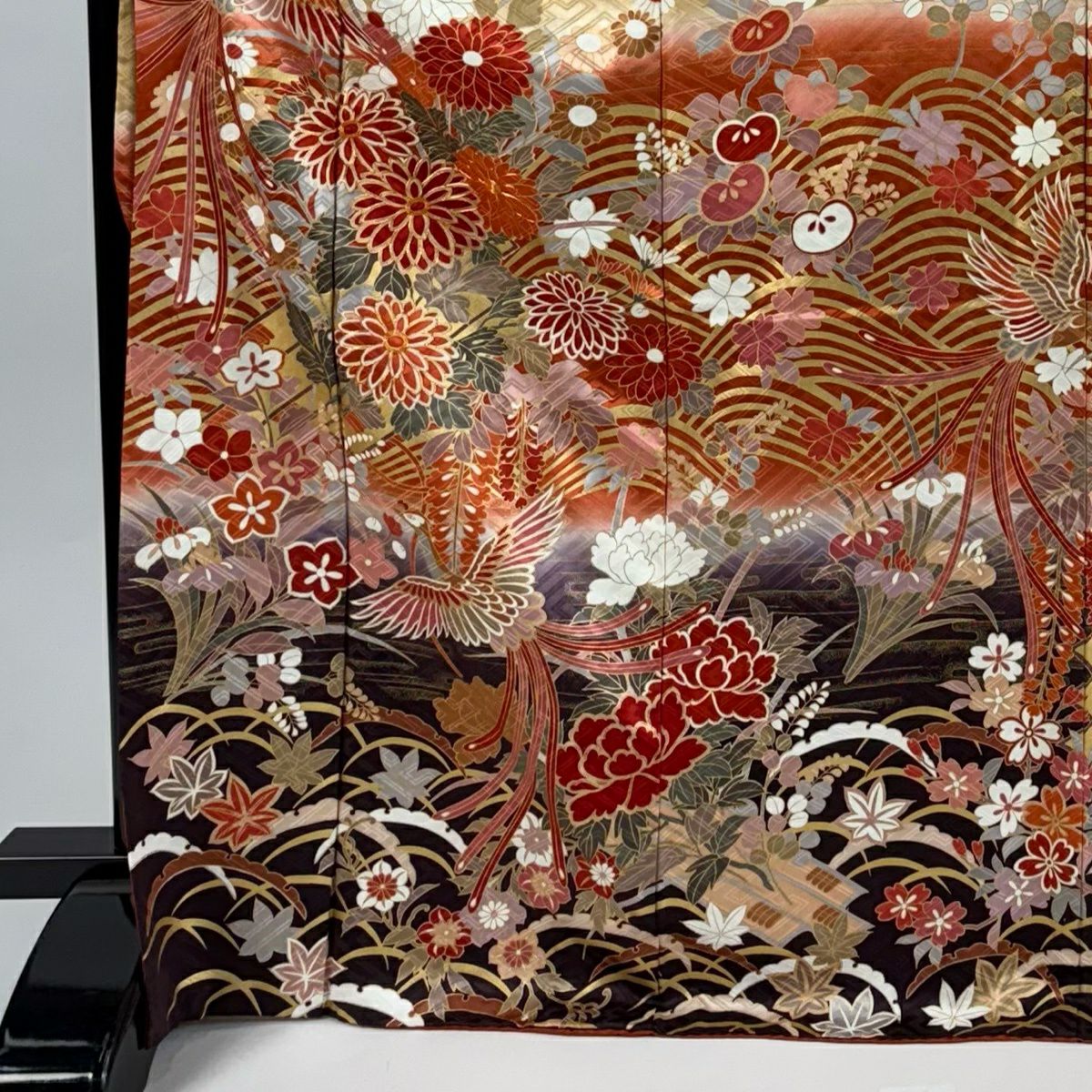 振袖禮服 身長172.5cm 袖長68.5cm L 雙層 花鳥 波 金絲 金銀彩 橙色 純蠶絲 優品級