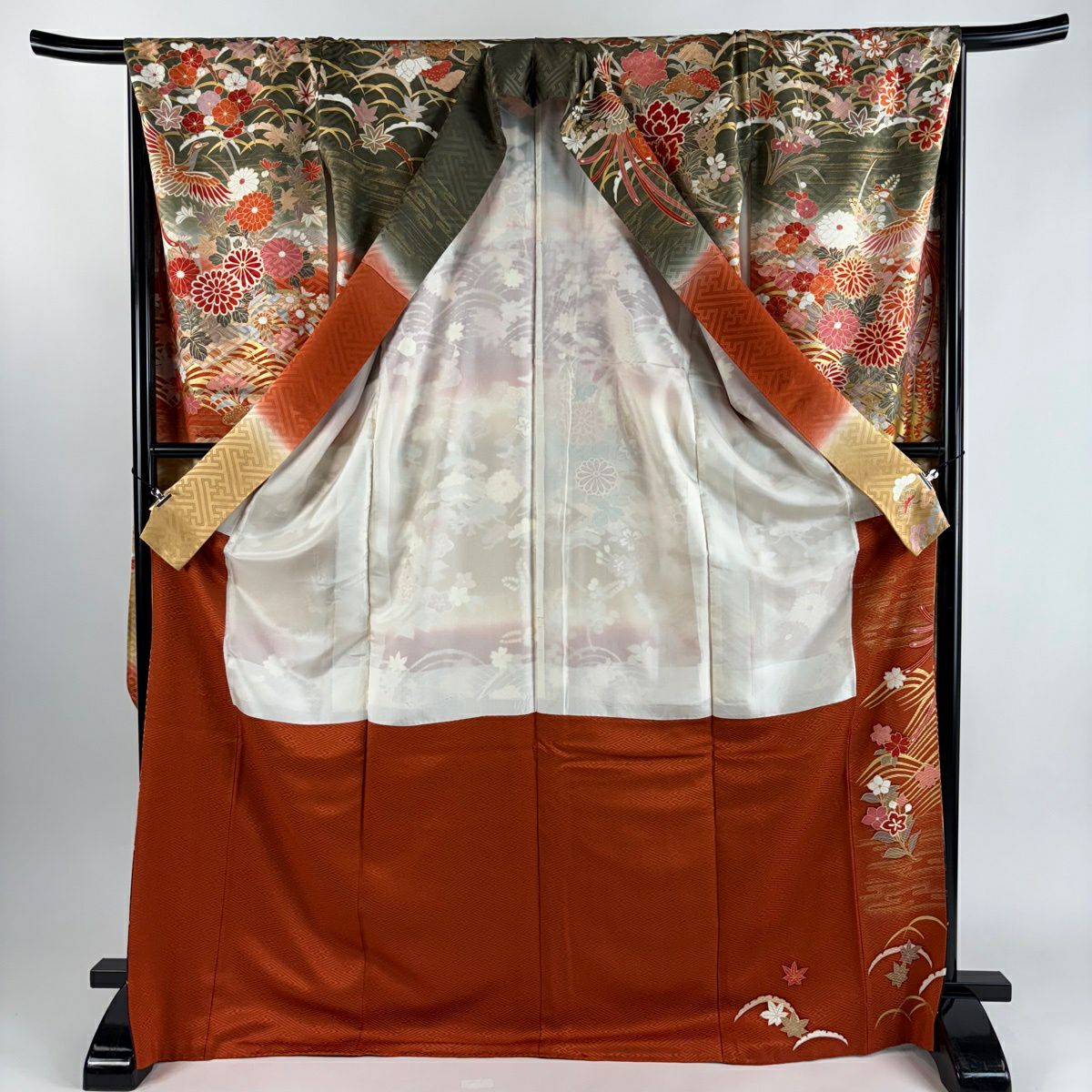 振袖禮服 身長172.5cm 袖長68.5cm L 雙層 花鳥 波 金絲 金銀彩 橙色 純蠶絲 優品級