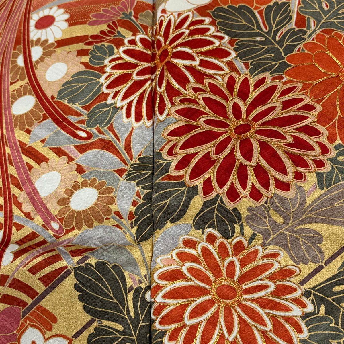 振袖禮服 身長172.5cm 袖長68.5cm L 雙層 花鳥 波 金絲 金銀彩 橙色 純蠶絲 優品級