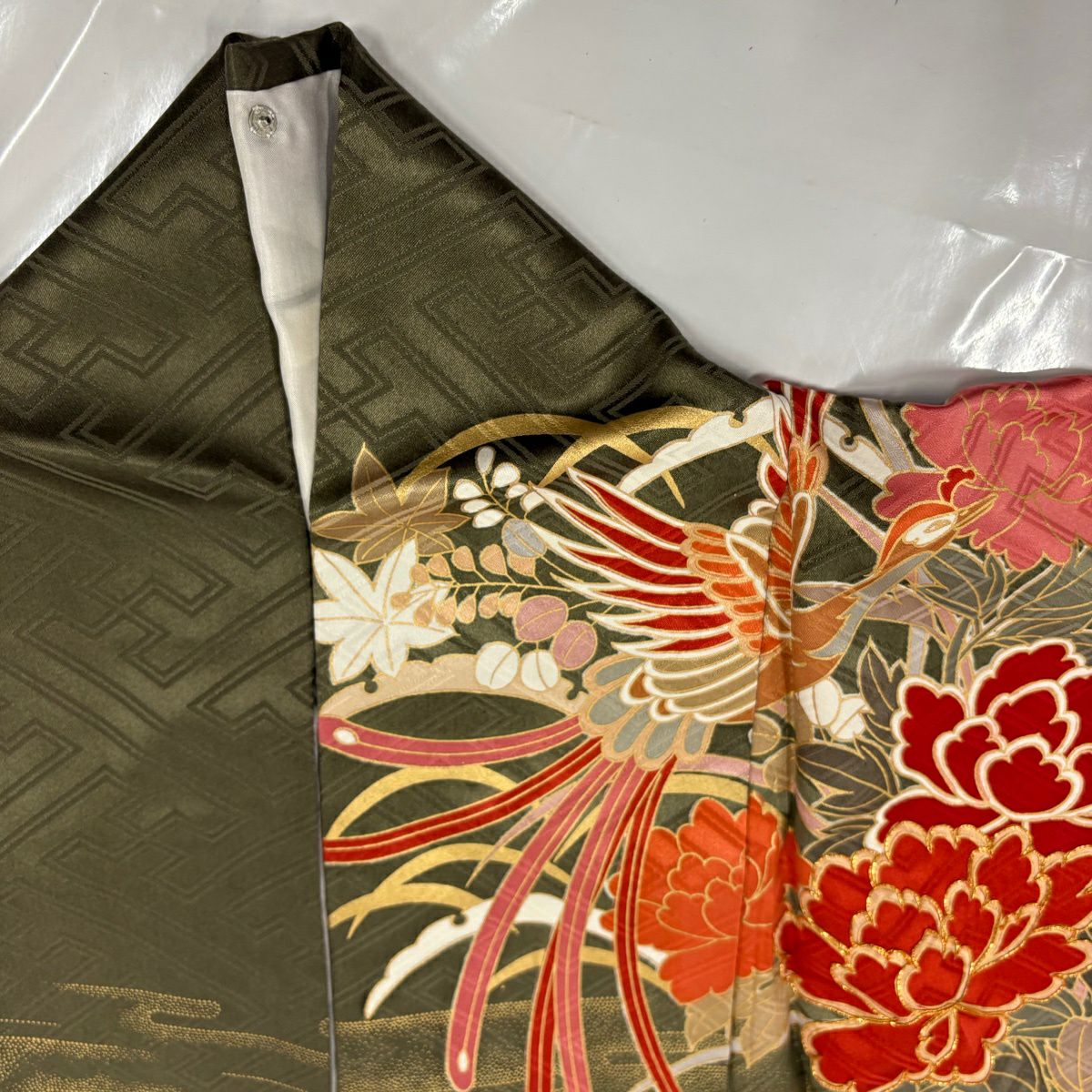 振袖禮服 身長172.5cm 袖長68.5cm L 雙層 花鳥 波 金絲 金銀彩 橙色 純蠶絲 優品級