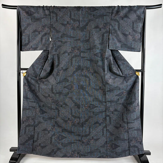 【美品】 大島紬織 身長166cm 袖長66cm M 雙層 泥染 證書在手 手鞠 草花紋紋 墨色 純蠶絲 秀品級