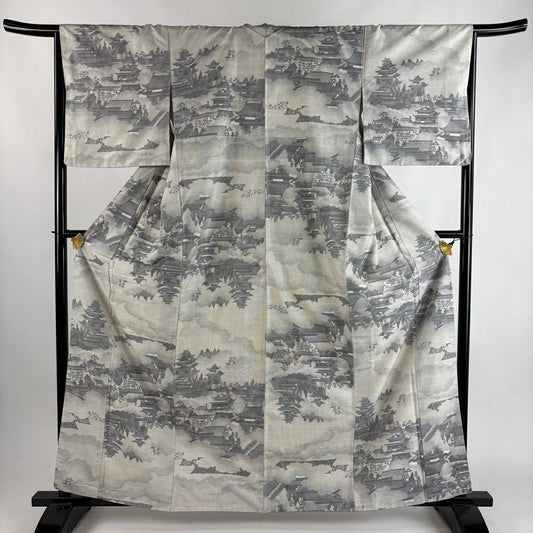 紬織 身長161.5cm 袖長65.5cm M 雙層 建物 樹木 灰白 純蠶絲 秀品級