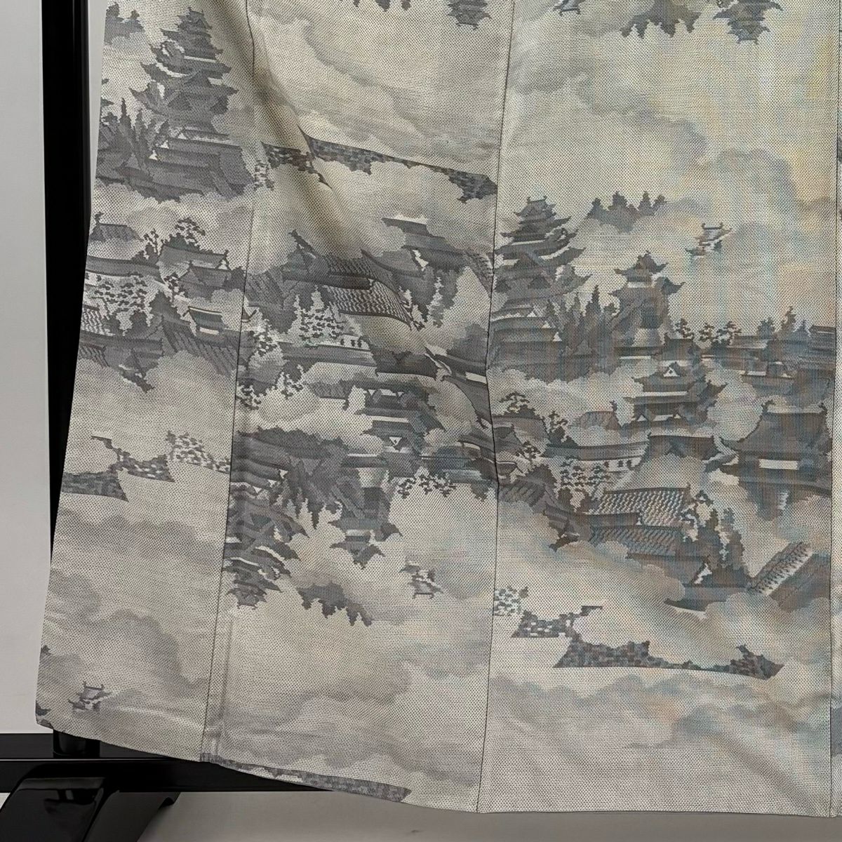 紬織 身長161.5cm 袖長65.5cm M 雙層 建物 樹木 灰白 純蠶絲 秀品級
