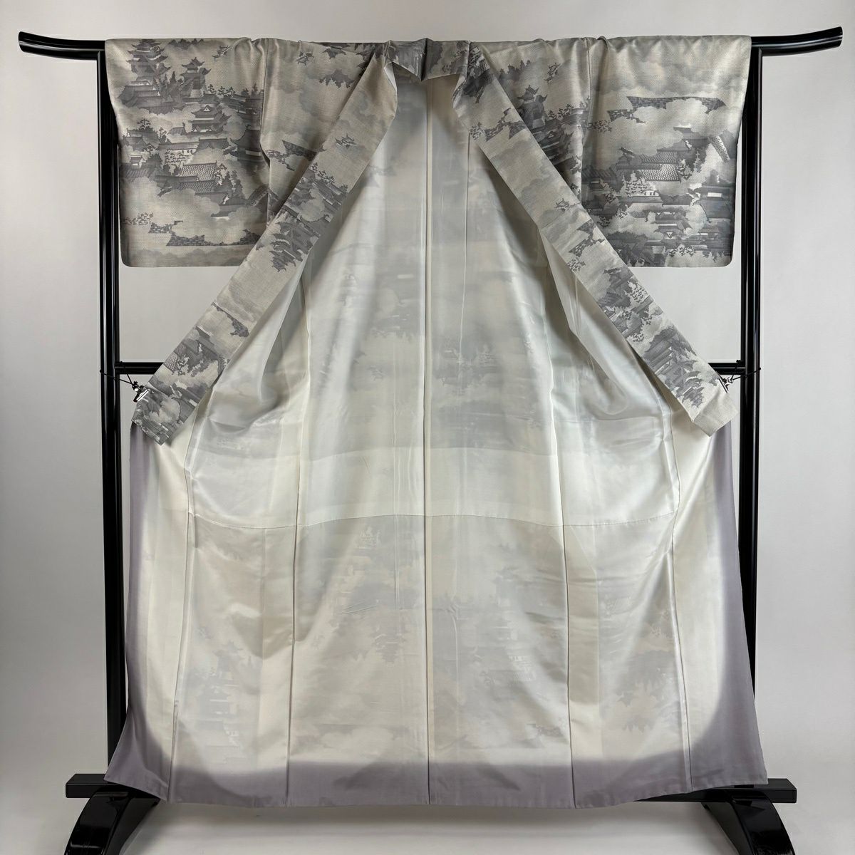 紬織 身長161.5cm 袖長65.5cm M 雙層 建物 樹木 灰白 純蠶絲 秀品級