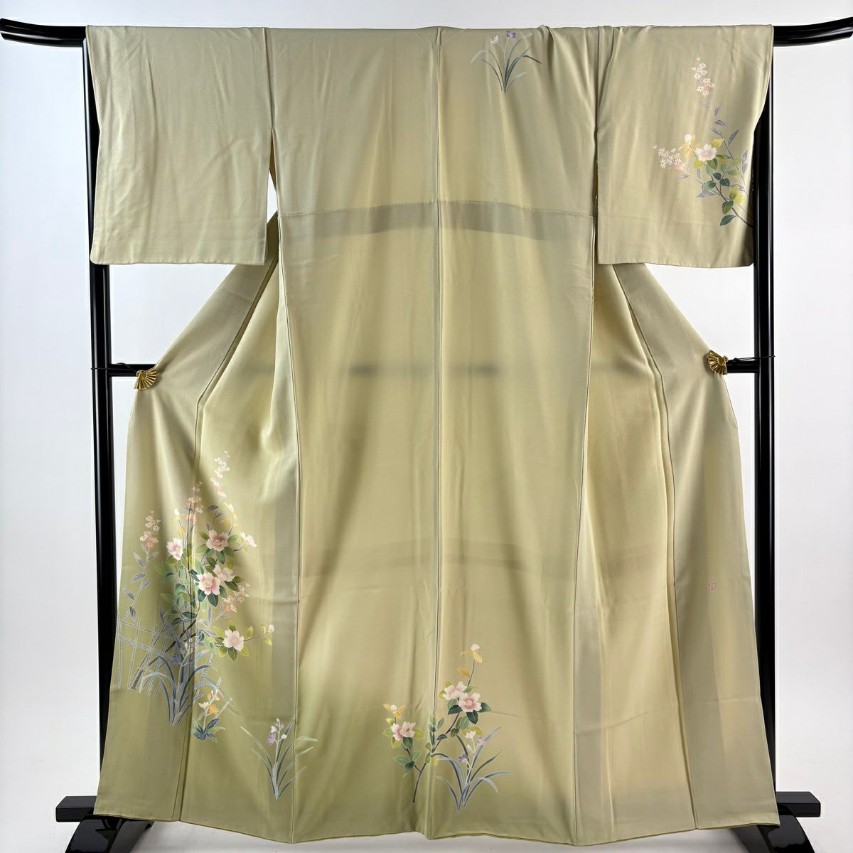 【美品】 付下 身長160.5cm 袖長68cm L 雙層 落款 草花紋 垣根 染分 ぼかし 艾綠 純蠶絲 秀品級
