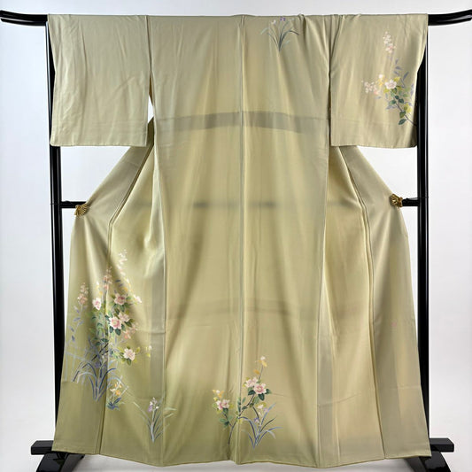 【美品】 付下 身長160.5cm 袖長68cm L 雙層 落款 草花紋 垣根 染分 ぼかし 艾綠 純蠶絲 秀品級