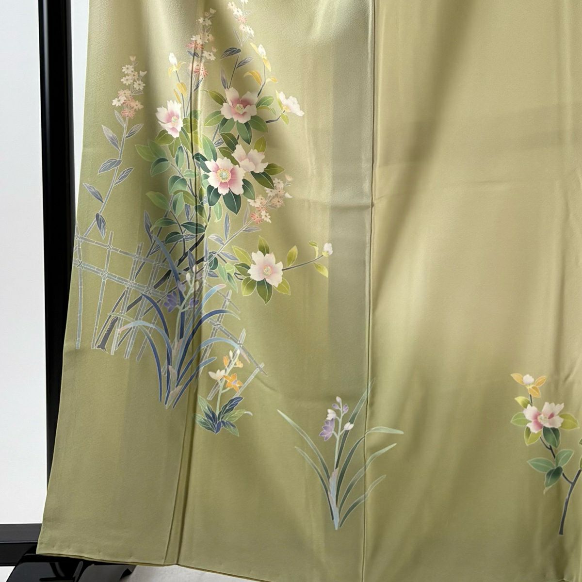 【美品】 付下 身長160.5cm 袖長68cm L 雙層 落款 草花紋 垣根 染分 ぼかし 艾綠 純蠶絲 秀品級