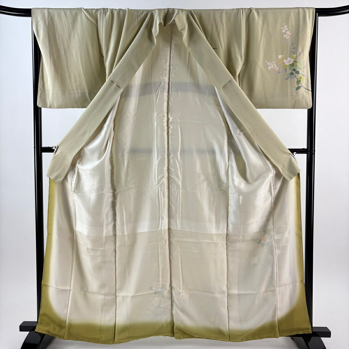 【美品】 付下 身長160.5cm 袖長68cm L 雙層 落款 草花紋 垣根 染分 ぼかし 艾綠 純蠶絲 秀品級