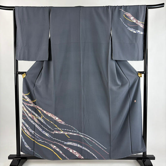 訪問服 身長158.5cm 袖長66.5cm M 雙層 落款 草花紋紋 幾何學 灰 純蠶絲 秀品級