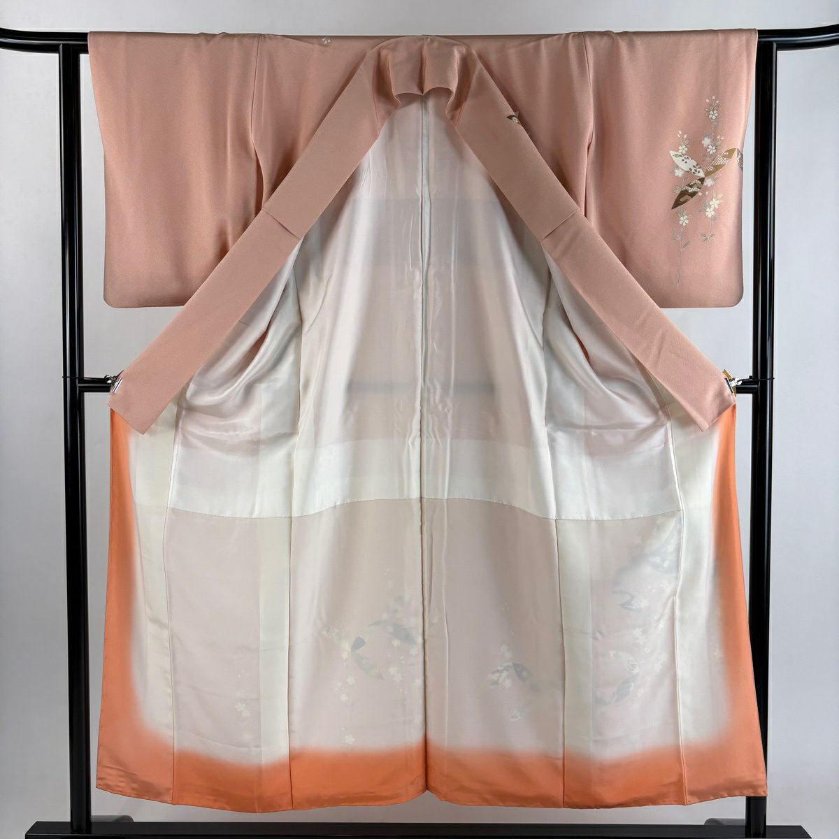 訪問服 身長152.5cm 袖長63cm S 雙層 七寶 櫻花 金絲 金銀彩 鮭粉色 純蠶絲 秀品級