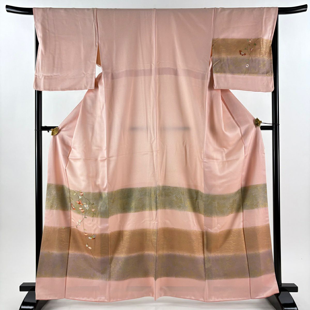 訪問服 身長164cm 袖長67cm M 雙層 蝶 枝花刺繡 金彩裝飾 粉紅 純蠶絲 秀品級