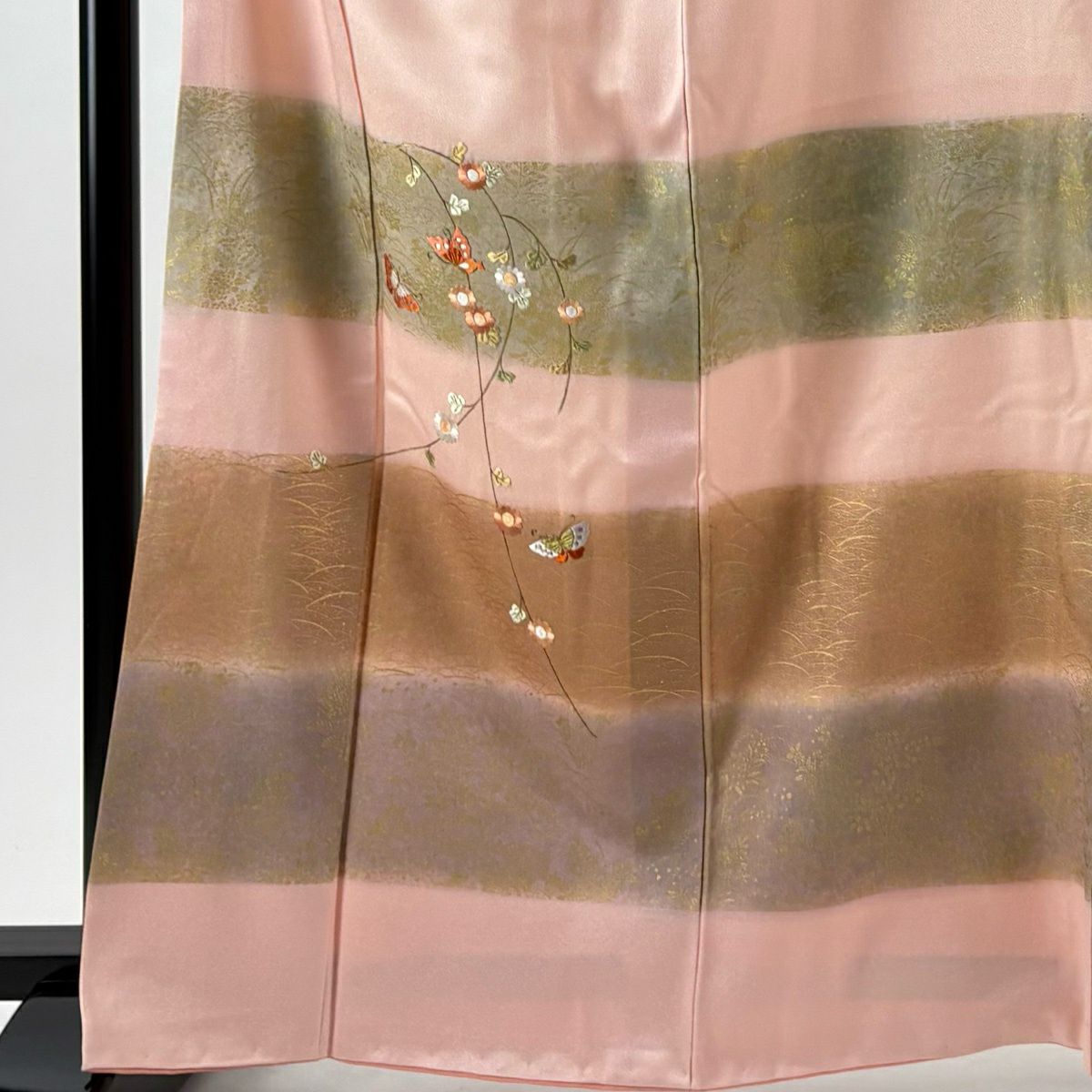 訪問服 身長164cm 袖長67cm M 雙層 蝶 枝花刺繡 金彩裝飾 粉紅 純蠶絲 秀品級