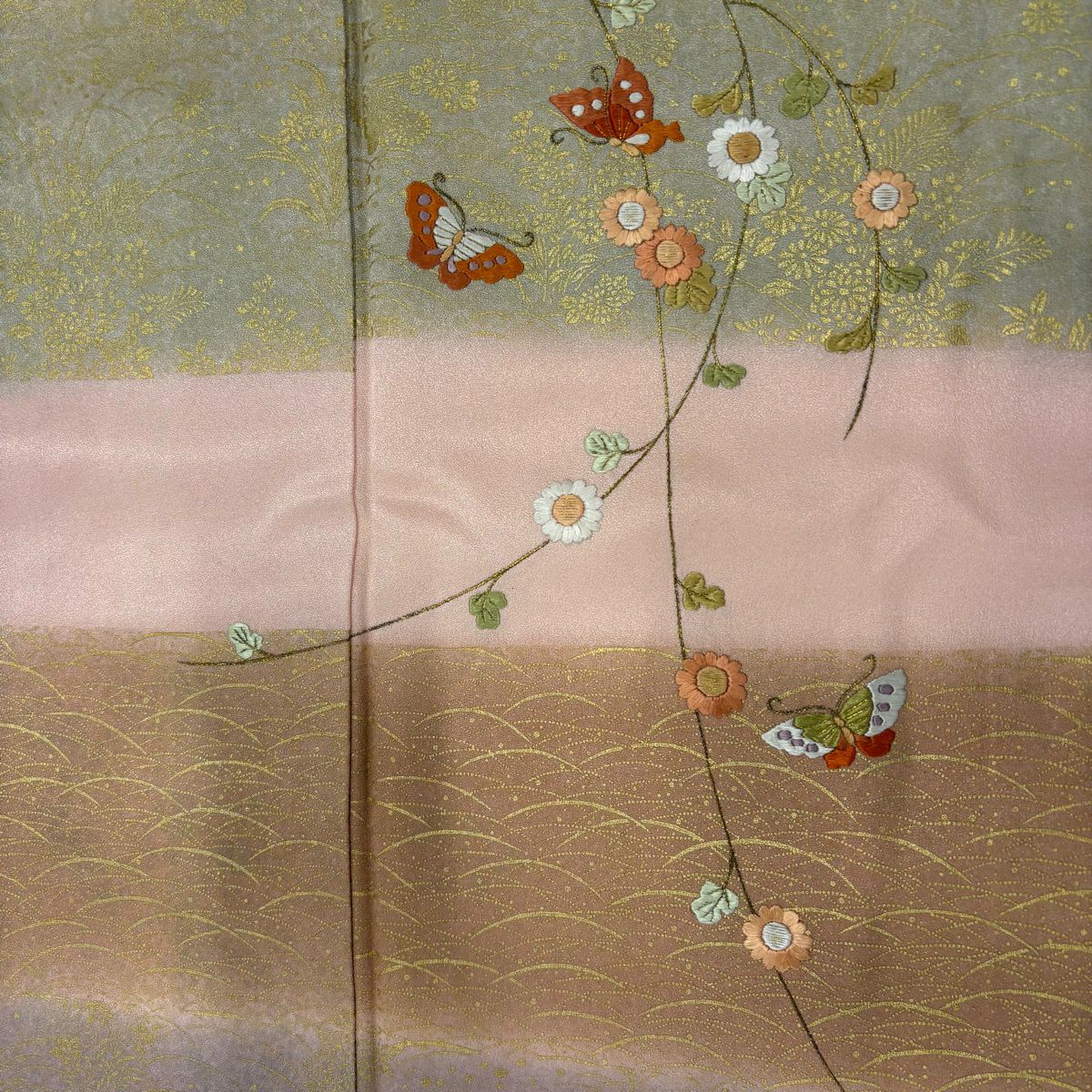 訪問服 身長164cm 袖長67cm M 雙層 蝶 枝花刺繡 金彩裝飾 粉紅 純蠶絲 秀品級