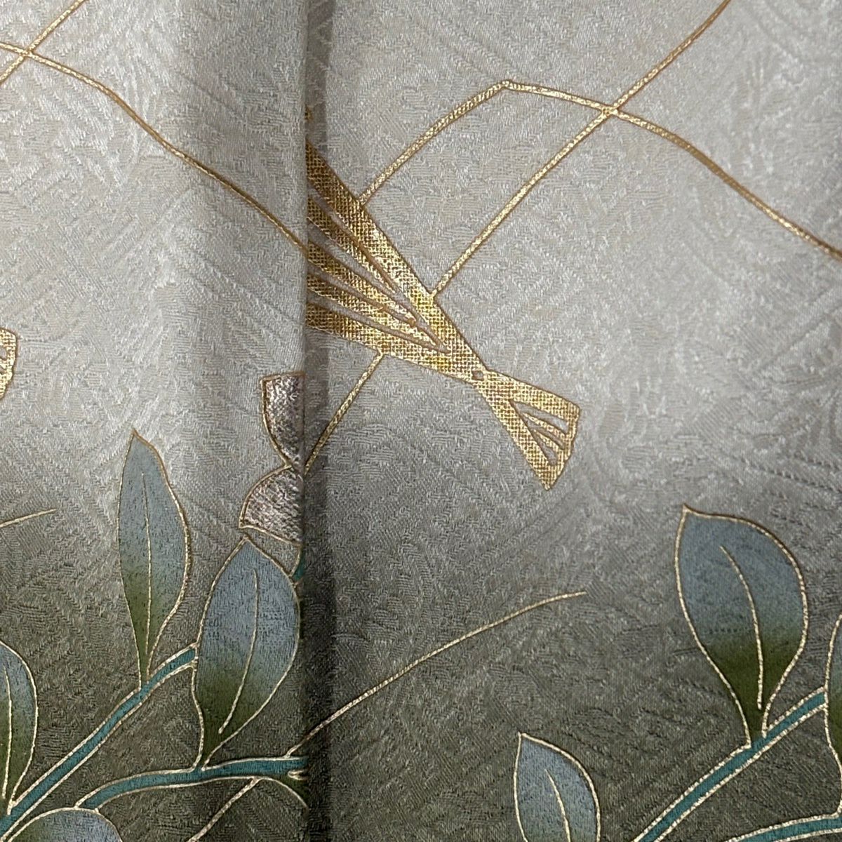 付下 身長163cm 袖長67cm M 雙層 扇子 草花紋紋 螺鈿 金銀彩 灰綠 純蠶絲 秀品級