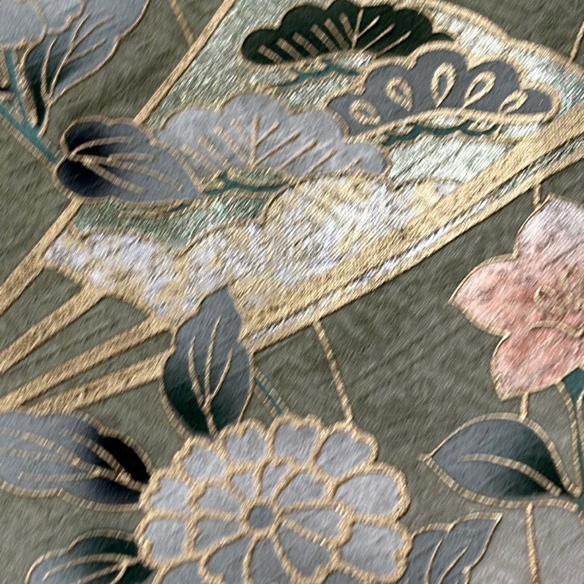 付下 身長163cm 袖長67cm M 雙層 扇子 草花紋紋 螺鈿 金銀彩 灰綠 純蠶絲 秀品級