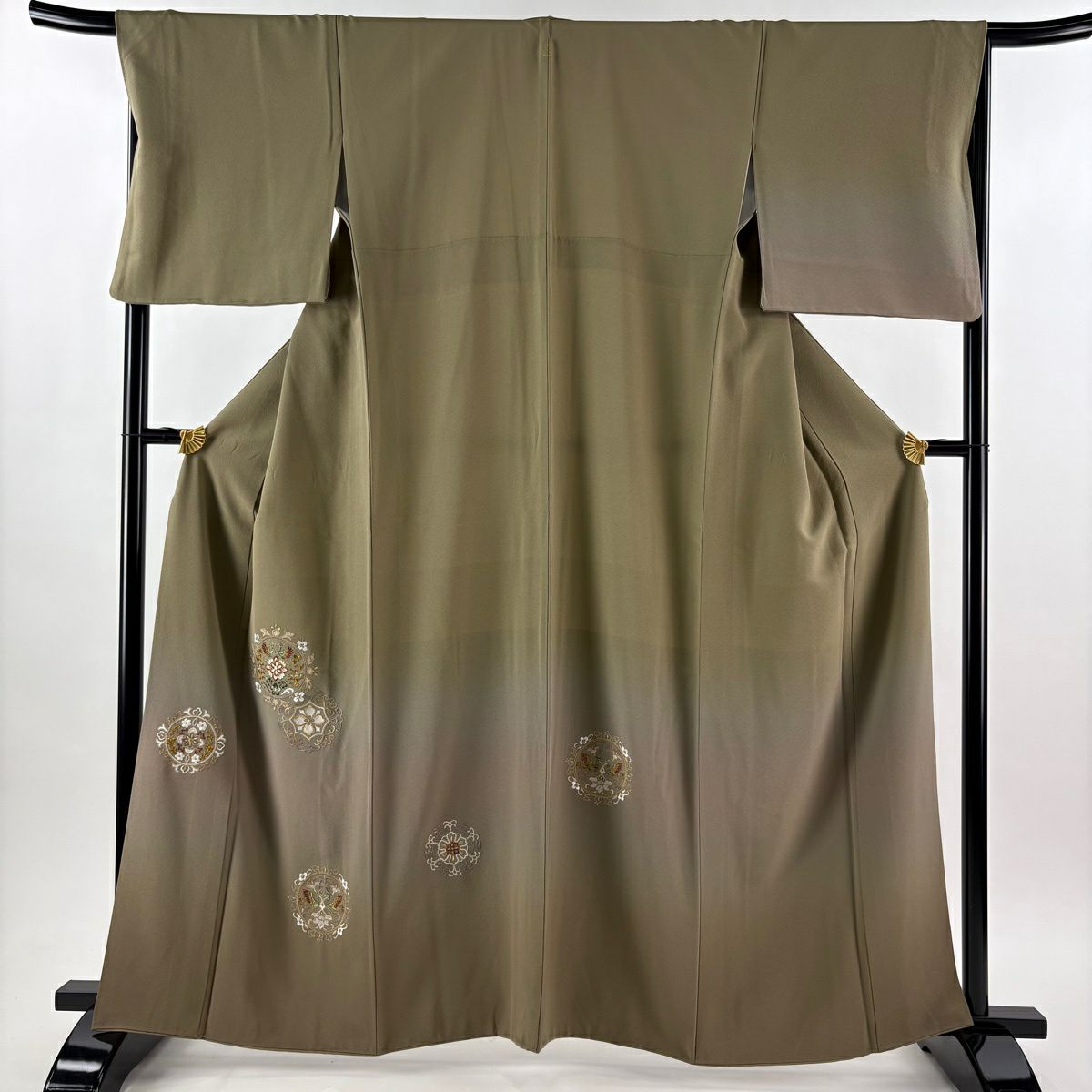 【美品】 付下 身長163.5cm 袖長68cm L 雙層 向鳥 華紋 刺繡 金線 灰綠 純蠶絲 秀品級 一個紋