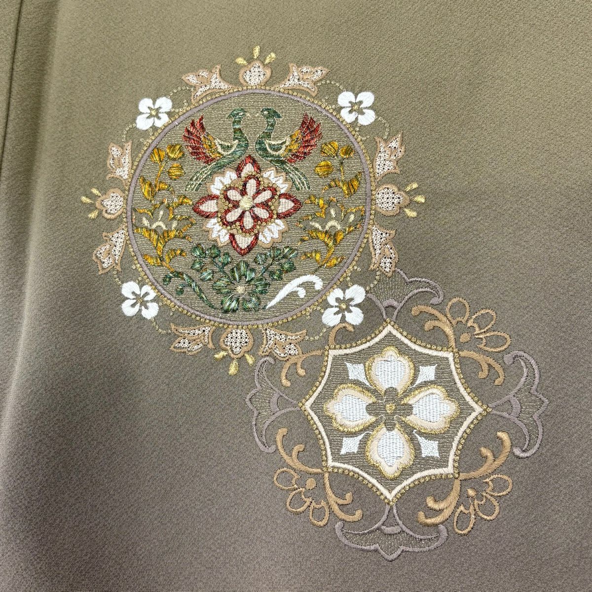 【美品】 付下 身長163.5cm 袖長68cm L 雙層 向鳥 華紋 刺繡 金線 灰綠 純蠶絲 秀品級 一個紋