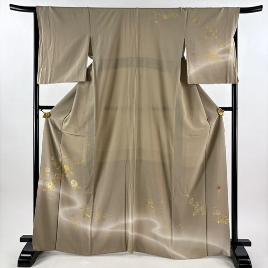 訪問服 身長166.5cm 袖長67cm M 雙層 落款有 枝花 霞 金彩裝飾 刺繡 米色 純蠶絲 優品級