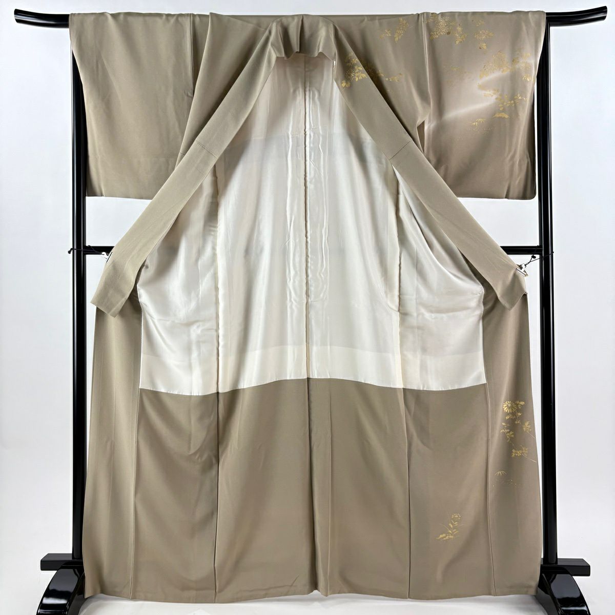 訪問服 身長166.5cm 袖長67cm M 雙層 落款有 枝花 霞 金彩裝飾 刺繡 米色 純蠶絲 優品級