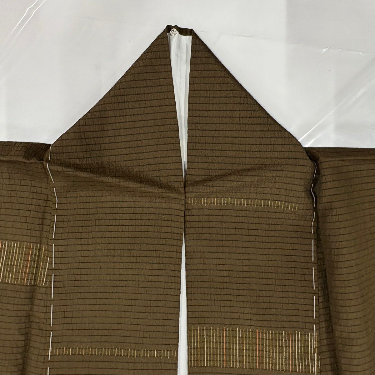 小紋 身長152.5cm 袖長65cm M 雙層 縞 幾何學 茶綠 純蠶絲 秀品級