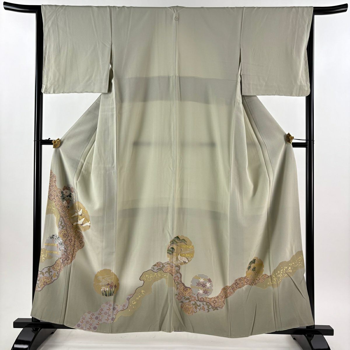 色留袖禮服 身長159.5cm 袖長65cm M 雙層 雪輪 仙鶴 金絲 金銀彩 灰綠 純蠶絲 秀品級 一つ紋