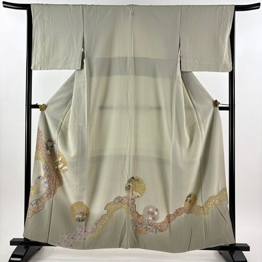 色留袖禮服 身長159.5cm 袖長65cm M 雙層 雪輪 仙鶴 金絲 金銀彩 灰綠 純蠶絲 秀品級 一つ紋