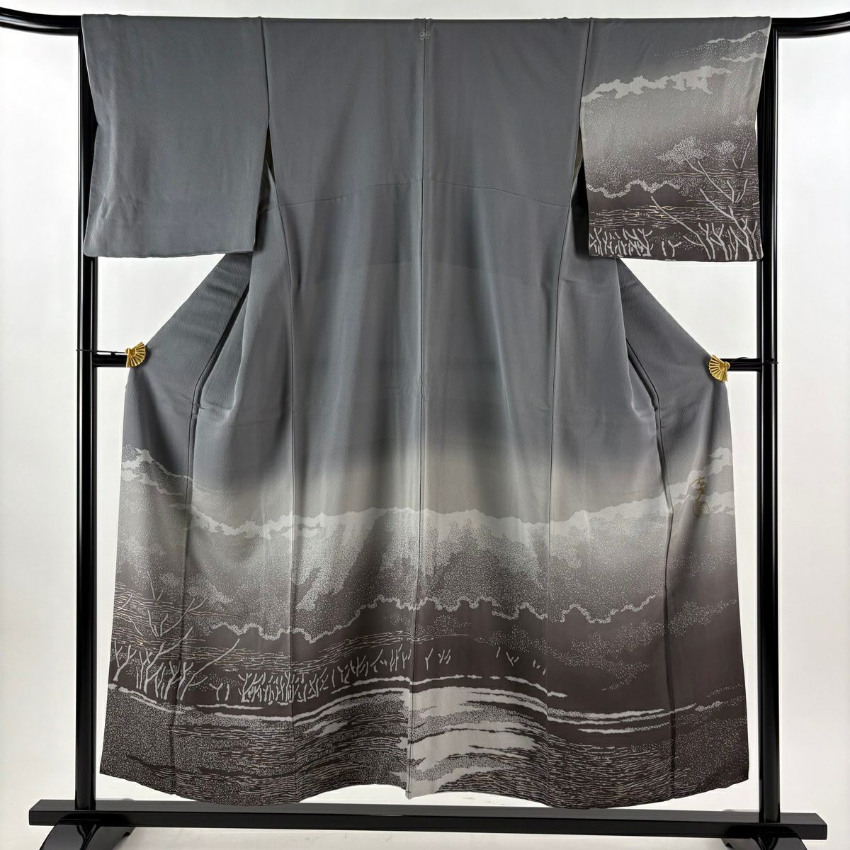 付下 身長153cm 袖長67cm M 雙層 大久保玄才 落款 風景 波 金銀彩 漸層 灰色 純蠶絲 秀品級 一つ紋