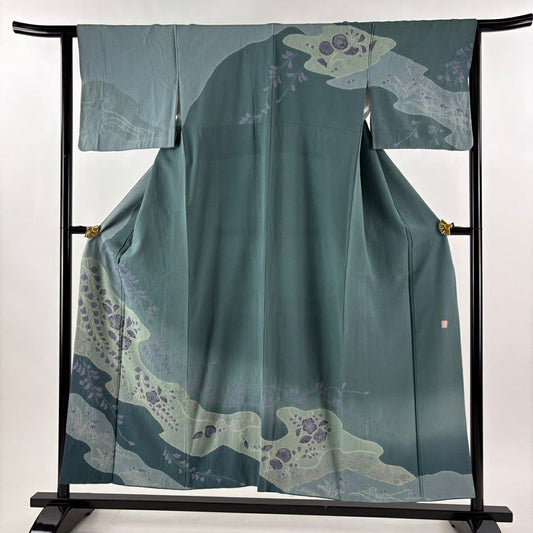 訪問服 身長154cm 袖長64.5cm M 雙層 滝泰 落款あり 草花紋紋 霞 絞染 金彩裝飾 灰綠 純蠶絲 秀品級