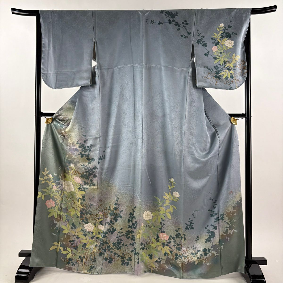 訪問服 身長168cm 袖長67cm M 雙層 落款有 枝花 輪廓 金彩裝飾 漸層 青灰 純蠶絲 優品級