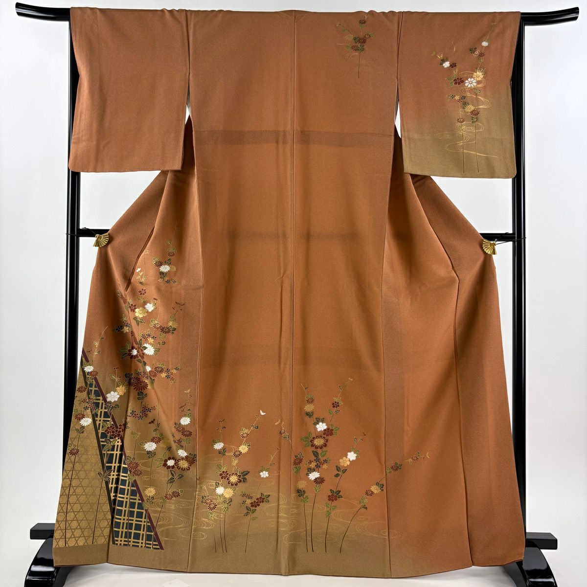 訪問服 身長167.5cm 袖長66cm M 雙層 菊花 籠目 金銀彩 漸層 茶 純蠶絲 秀品級
