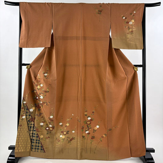訪問服 身長167.5cm 袖長66cm M 雙層 菊花 籠目 金銀彩 漸層 茶 純蠶絲 秀品級