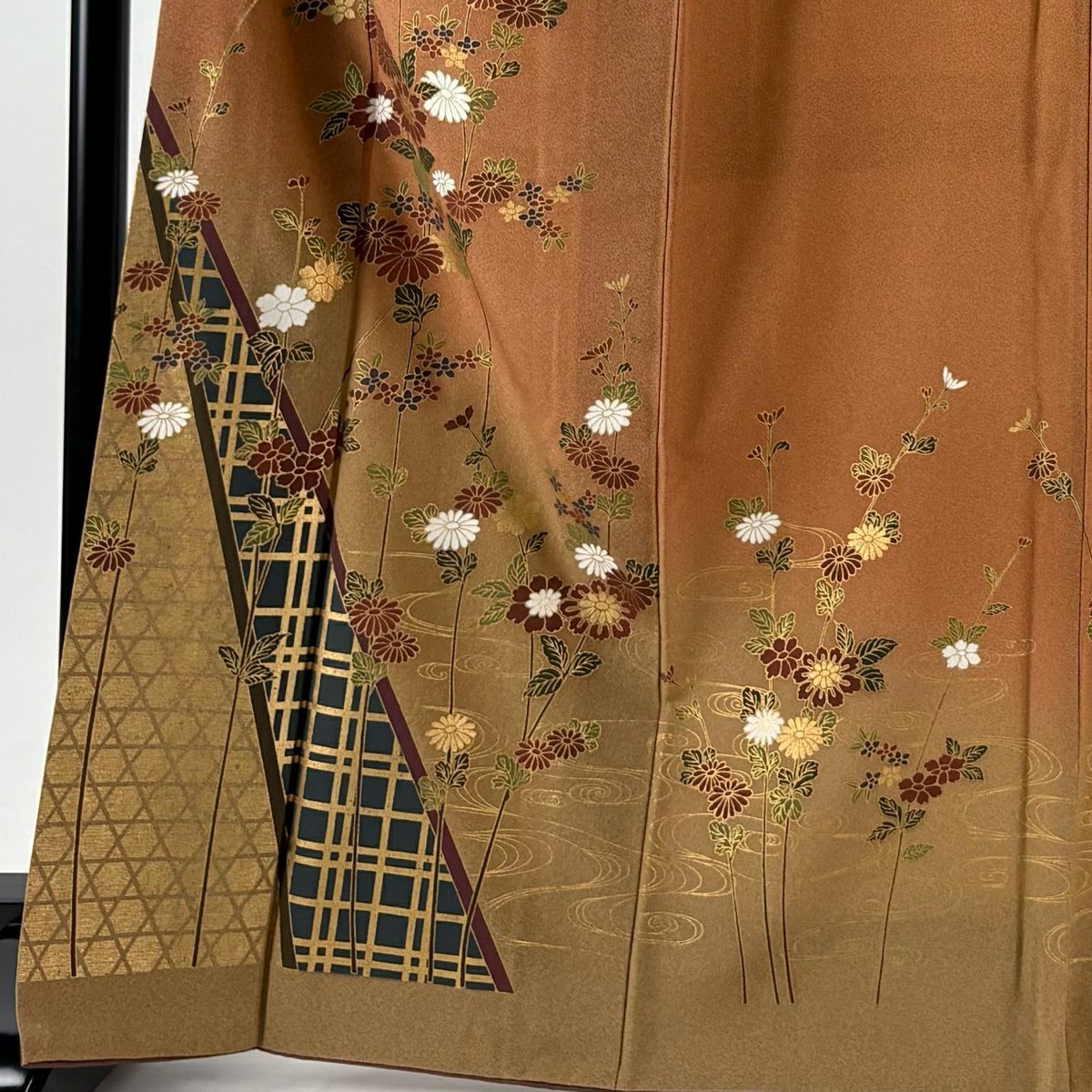 訪問服 身長167.5cm 袖長66cm M 雙層 菊花 籠目 金銀彩 漸層 茶 純蠶絲 秀品級