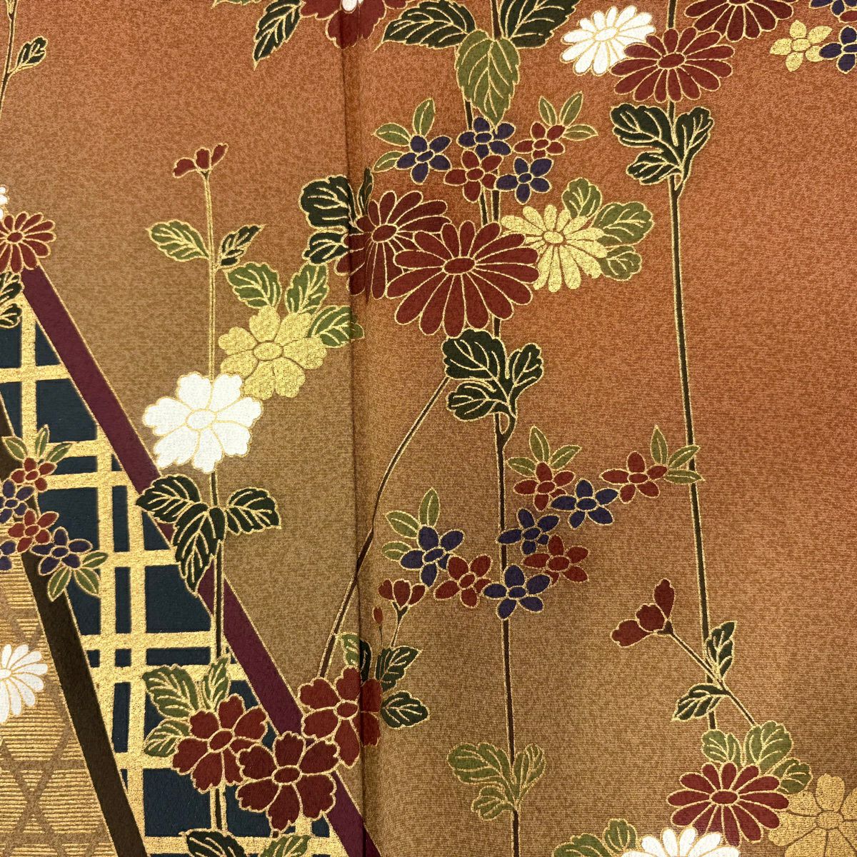 訪問服 身長167.5cm 袖長66cm M 雙層 菊花 籠目 金銀彩 漸層 茶 純蠶絲 秀品級