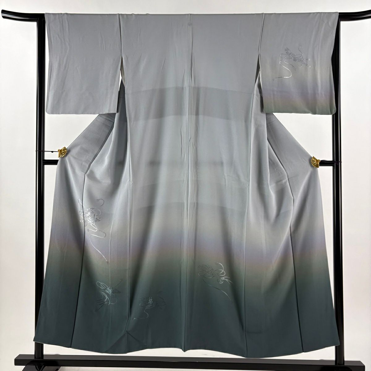 付下 身長152.5cm 袖長65cm M 雙層 琵琶 桧扇子 刺繡 漸層 青灰 純蠶絲 秀品級 一個紋