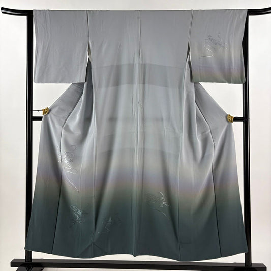 付下 身長152.5cm 袖長65cm M 雙層 琵琶 桧扇子 刺繡 漸層 青灰 純蠶絲 秀品級 一個紋