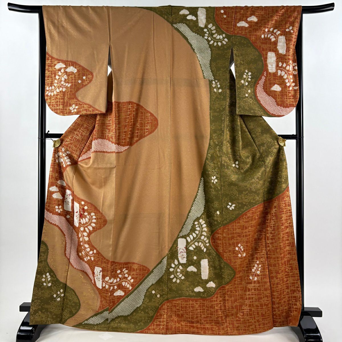 訪問服 身長169cm 袖長65cm M 雙層 草花紋紋 霞 刺繡 金彩裝飾 淡茶 純蠶絲 秀品級