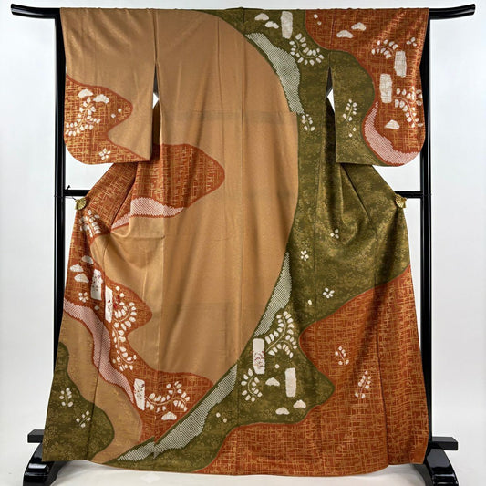 訪問服 身長169cm 袖長65cm M 雙層 草花紋紋 霞 刺繡 金彩裝飾 淡茶 純蠶絲 秀品級
