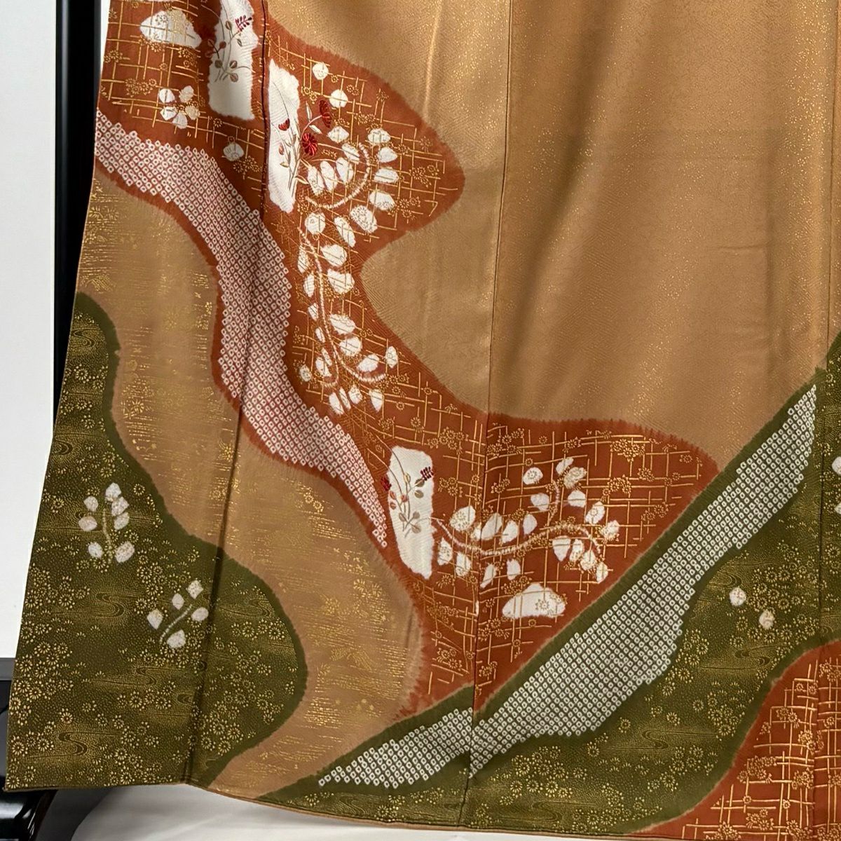 訪問服 身長169cm 袖長65cm M 雙層 草花紋紋 霞 刺繡 金彩裝飾 淡茶 純蠶絲 秀品級