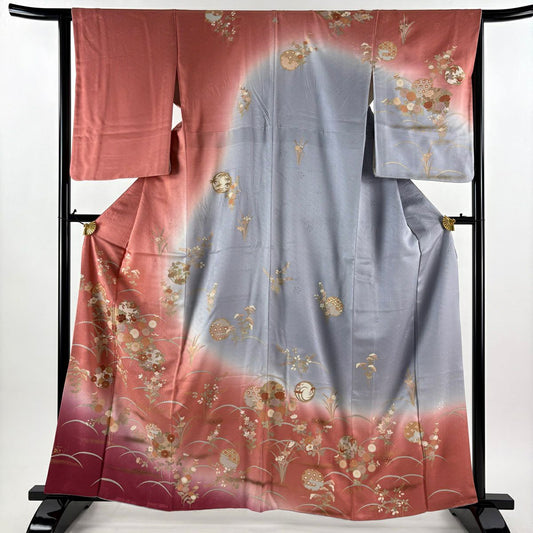 訪問服 身長162cm 袖長64cm M 雙層 花丸紋 芝 金銀彩 漸層 粉色 純蠶絲 秀品級 一つ紋