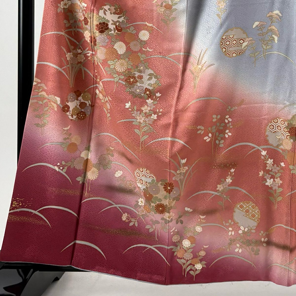 訪問服 身長162cm 袖長64cm M 雙層 花丸紋 芝 金銀彩 漸層 粉色 純蠶絲 秀品級 一つ紋